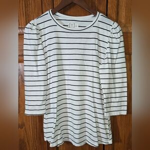 24/7 Black White Striped Puff Shoulder 3/4 Sleeve Lightweight T Shirt Sz M